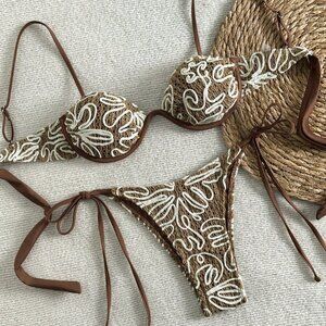 Brown Boho Style Women's Embroidered Crochet Bikini Set with Underwire Bra